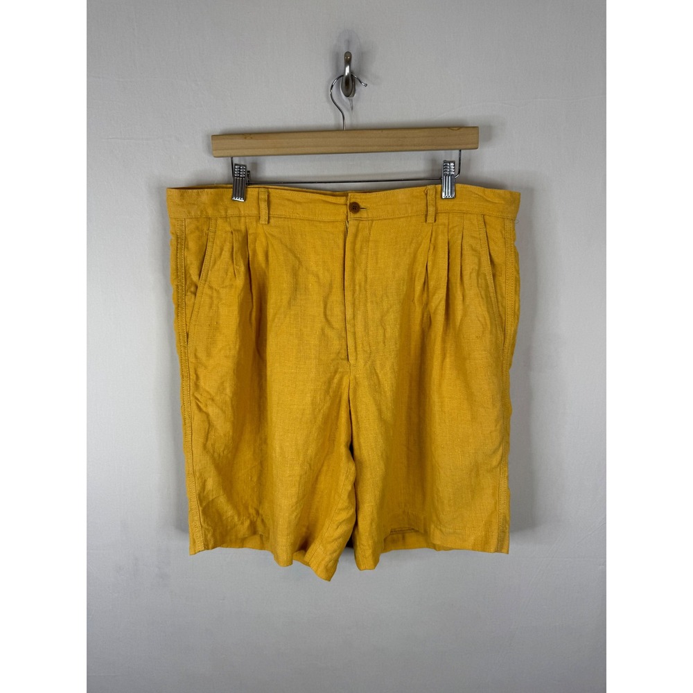 Holt Renfrew Mens 38 Mustard Yellow 100% Linen Pleated Shorts 38